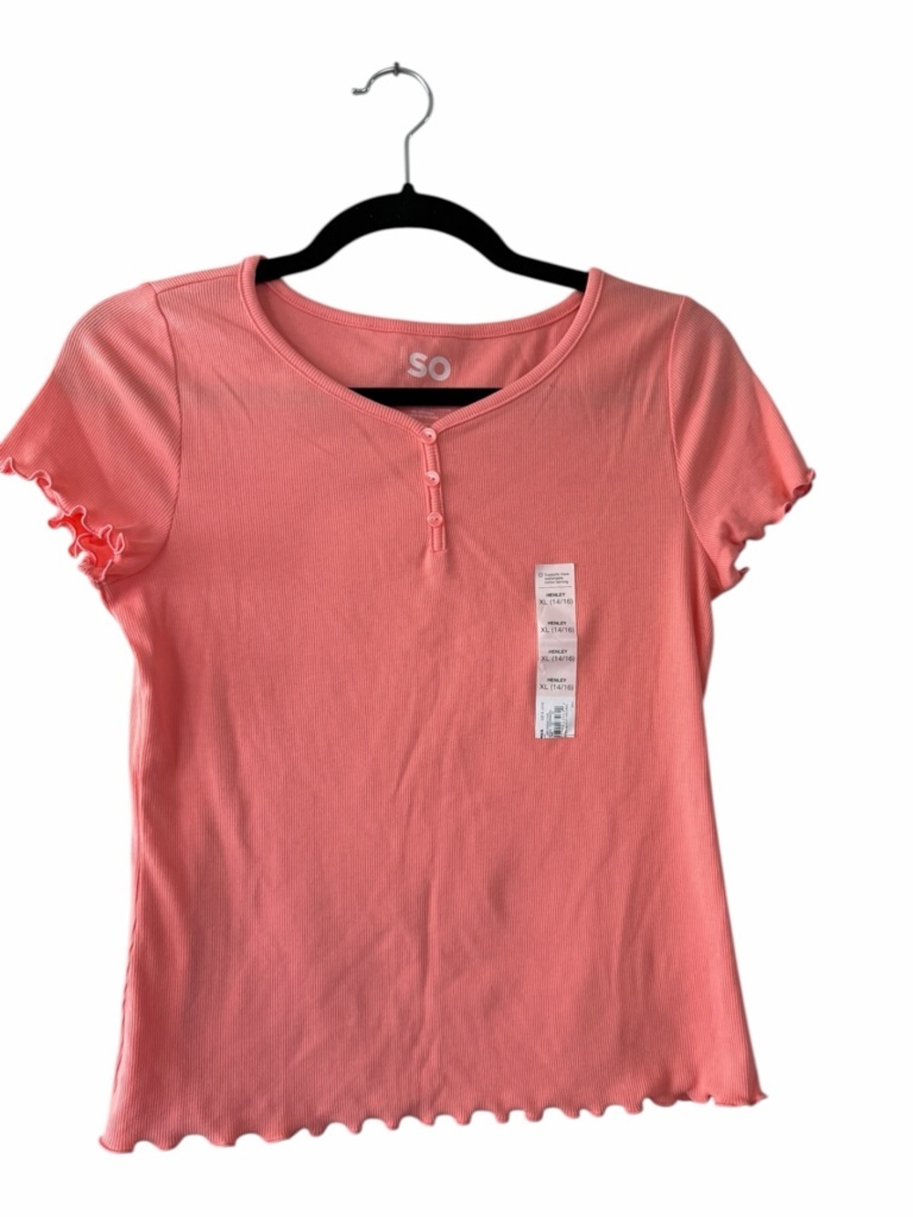 SO Girl’s Coral Pink Short Sleeve Ribbed Tee Size XL 14/16 T Shirt NEW